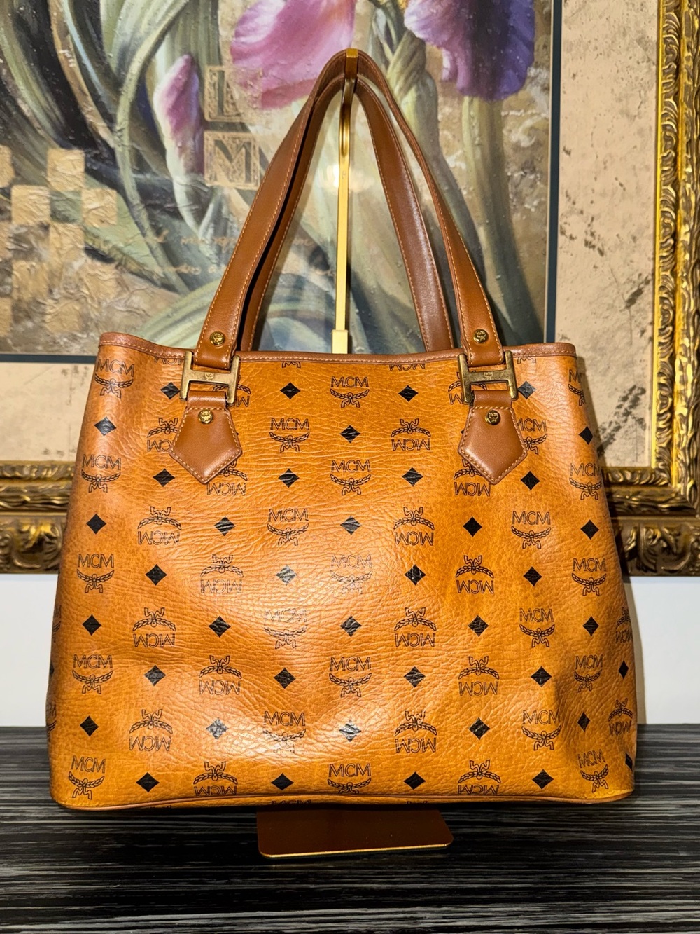 MCM Cognac Visetos Tote w Orange croc embossed Stripe limited edition - GUC - Picture 4 of 16